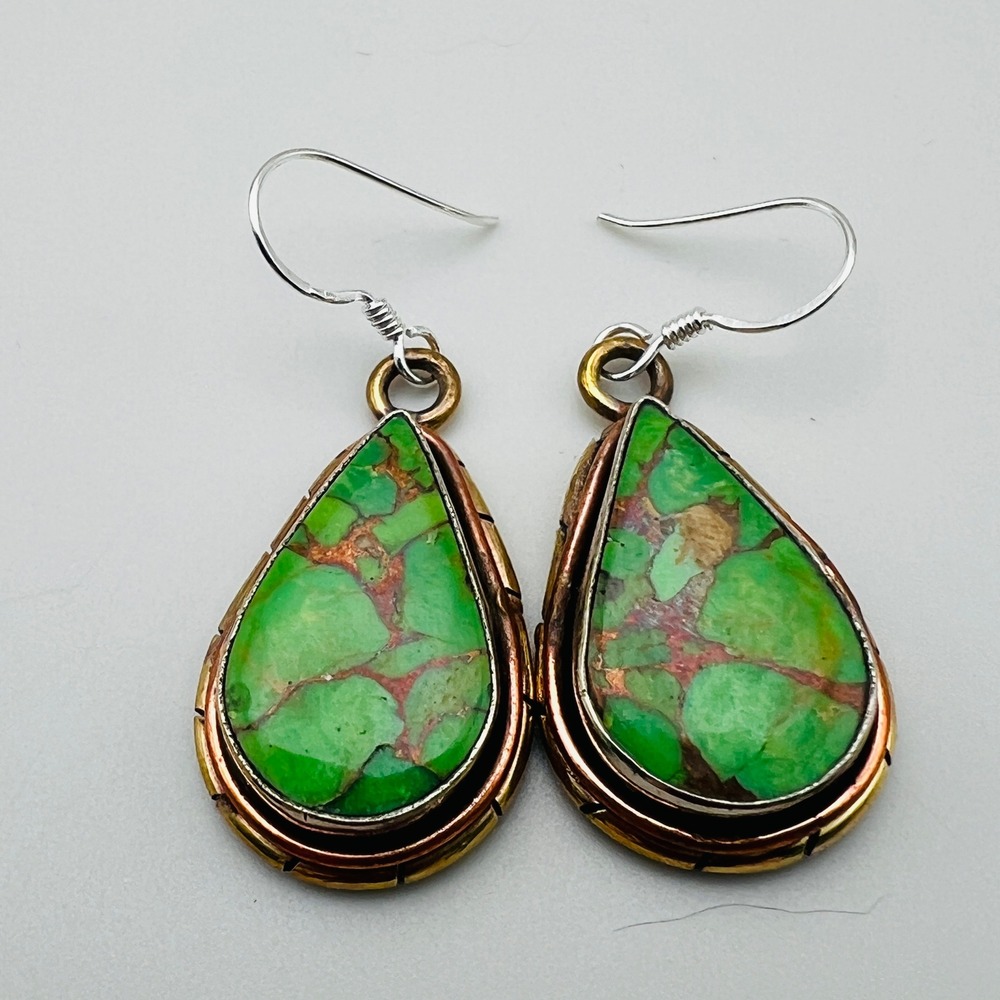Mixed Metal Teardrop Dangle Earrings Green Stone Artisan Statement Boho Chic